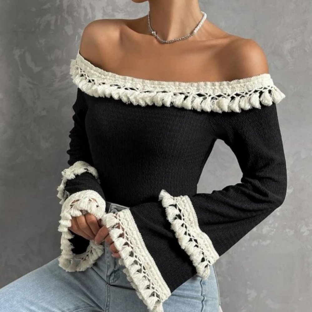 Boho Off Shoulder Flounce long Sleeved Fringe detailed black Blouse Top - Picture 2 of 6